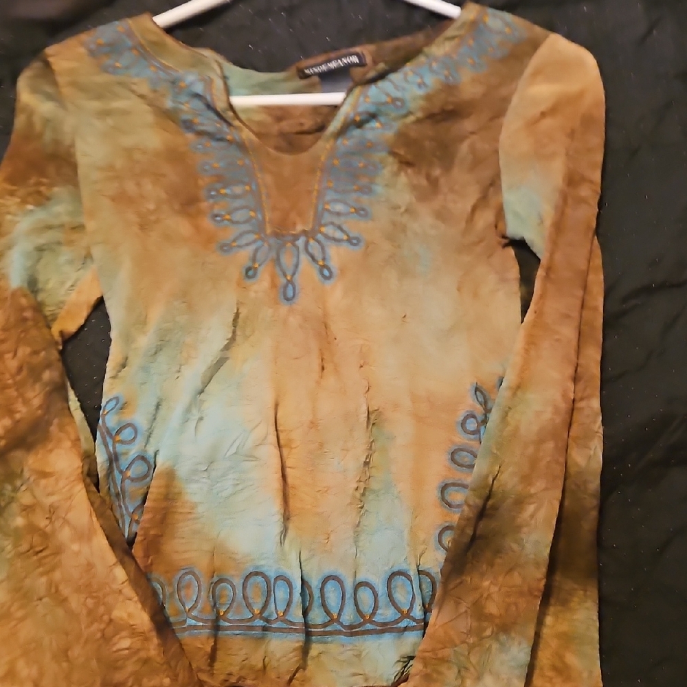Bohemian Long Sleeve Blouse - Brown and Blue